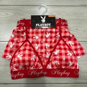NWT Playboy red and white plaid bra and boyshort set with bunny logos size mediu
